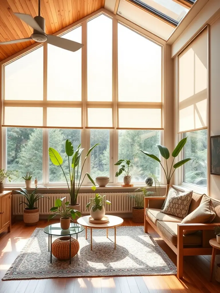 A cozy home interior with AMB moustiquaires installed on the windows, allowing fresh air while keeping insects out.