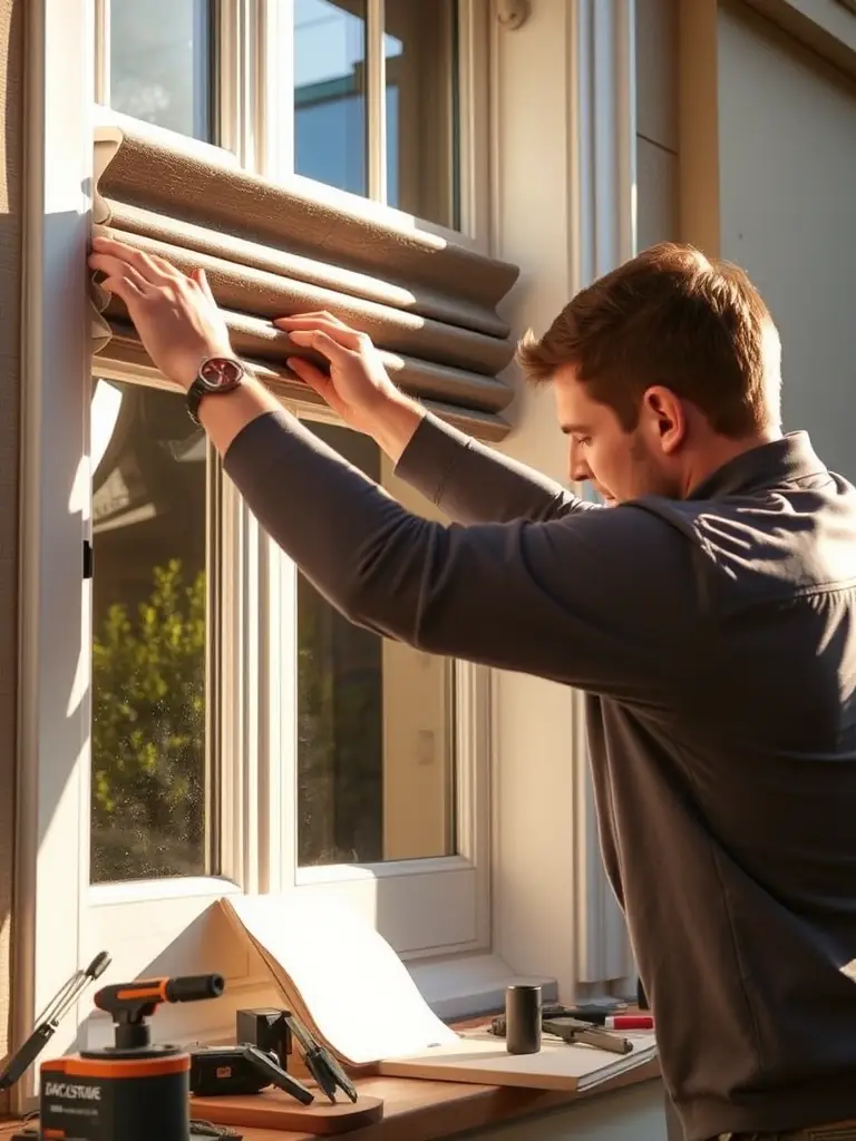 A professional installer carefully fitting a Volet Battant onto a classic French window, showcasing the precision and care taken during installation.