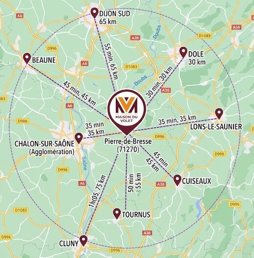 Durée de trajet pour la Maison du Volet à Pierre de Bresse, depuis les grandes villes de saone et loire , de cote d'or et du jura